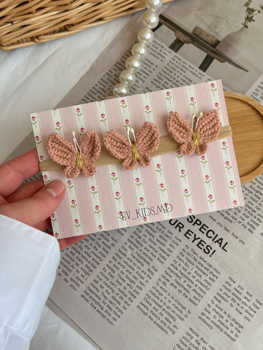 Bentiță pe elastic – Fluturi crochet roz mauve